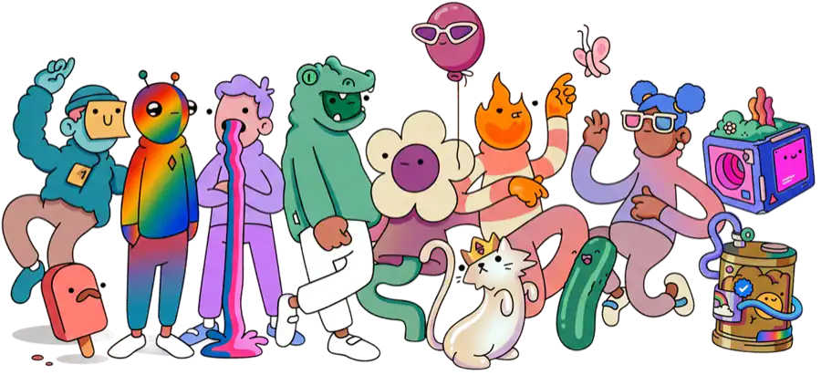A crowd of colorful cartoon characters celebrating together